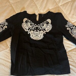 Talbots Black Blouse with White Embroidered Yoke and Sleeve Accents NWOT